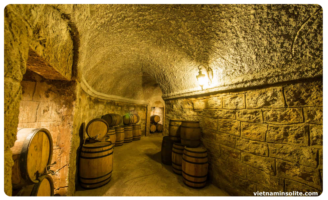 La cave à vin Debay est un vestige bien préservé de l'époque coloniale française à Ba Na Hills. Construite en 1923, cette cave de 100 mètres de long est creusée profondément dans la montagne rocheuse, offrant une température constante entre 16°C et 20°C, idéale pour la conservation du vin.