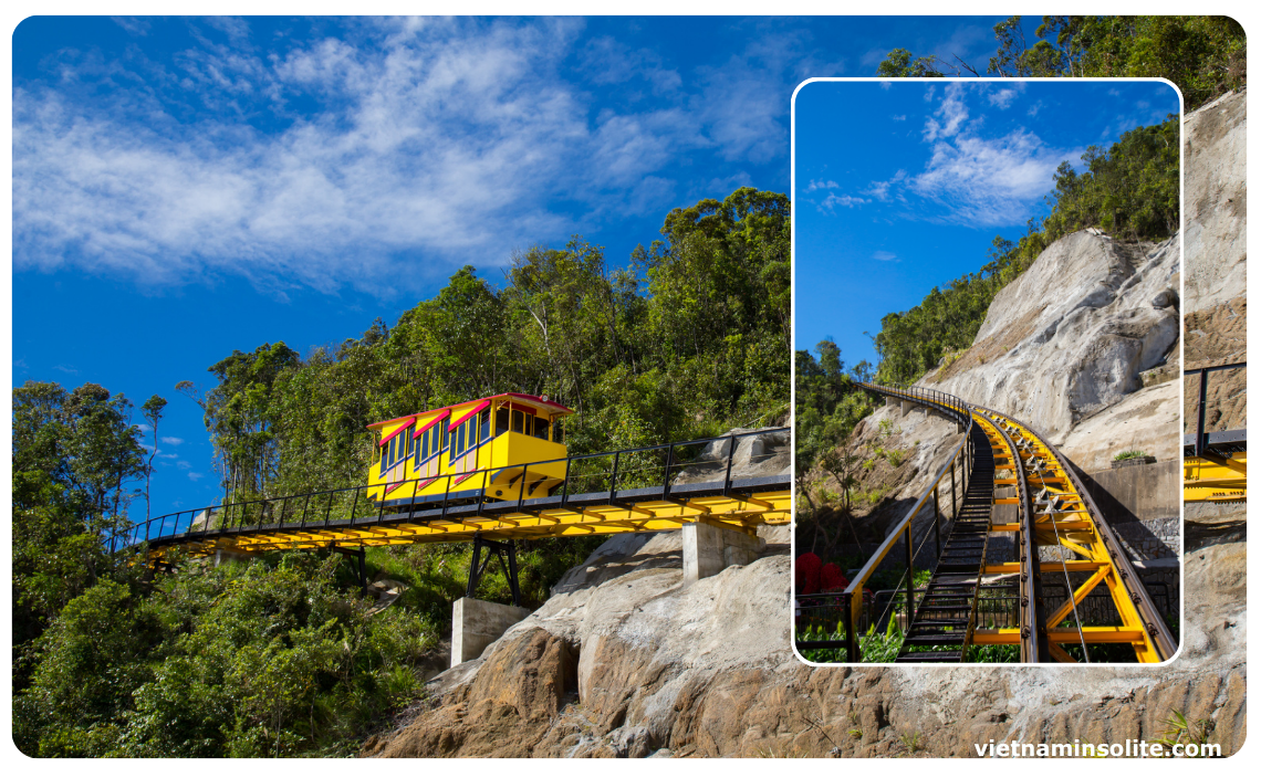 Le funiculaire de Ba Na Hills, fabriqué par une entreprise suisse, est unique en son genre au Vietnam. Ce mode de transport pittoresque permet aux visiteurs de naviguer facilement entre les jardins de fleurs D'Amour, la cave à vin Debay, et la gare de D'Amour.